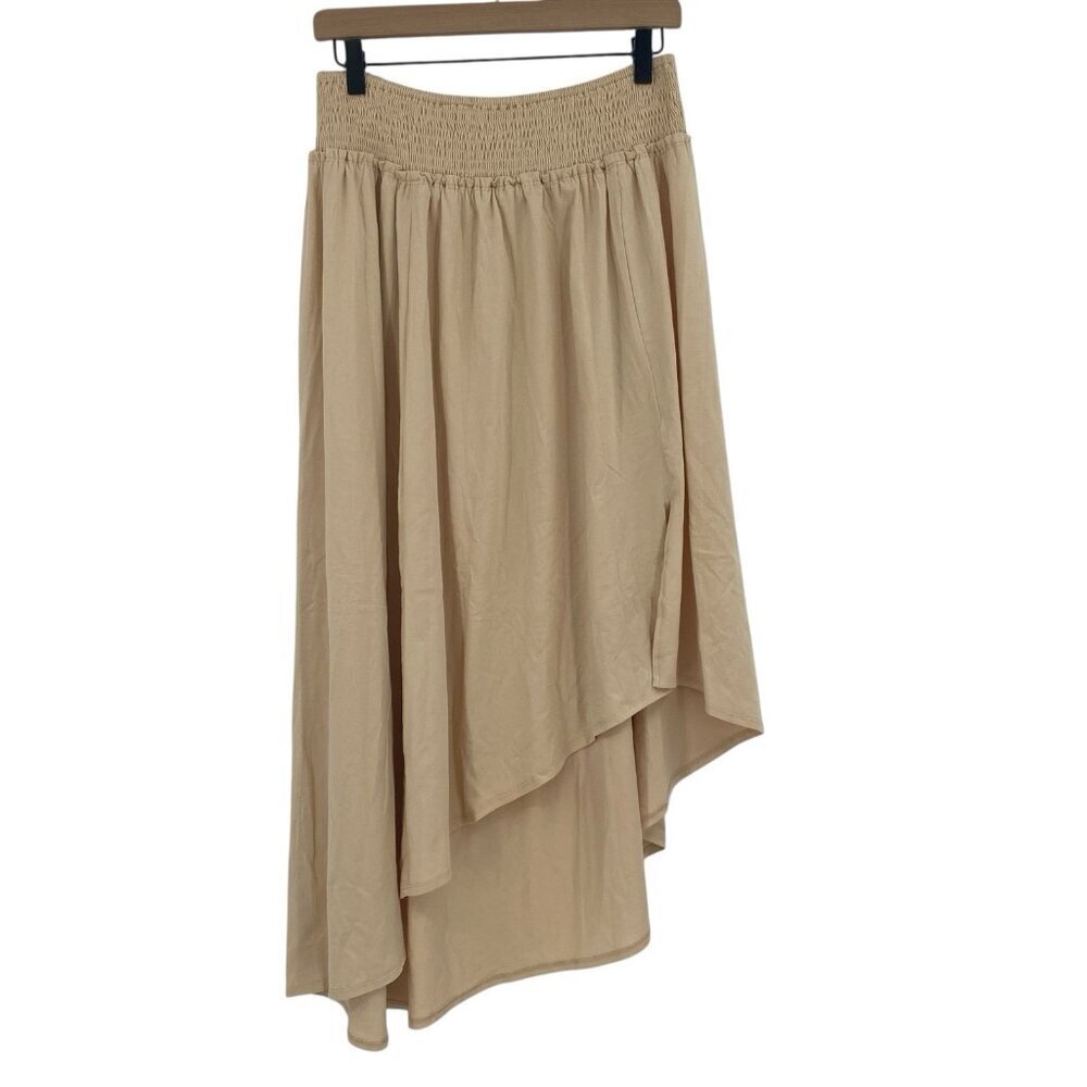 Luvamia Womens XL Beige Midi Asymmetrical Hem Skirt Smocked